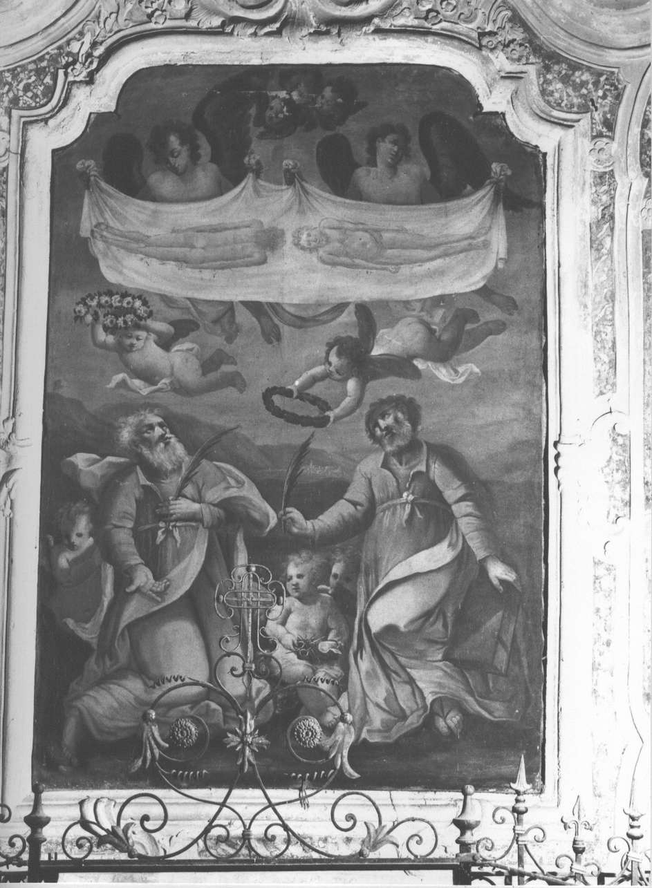 San Cosma e San Damiano in adorazione della Sacra Sindone (dipinto, elemento d'insieme) - ambito ligure (inizio sec. XVII)