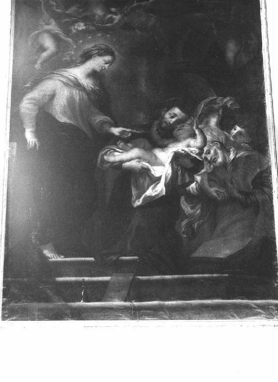 Madonna porge il Bambino a S.Gaetano da Thiene (dipinto) di Piola Domenico (attribuito) (seconda metà sec. XVII)