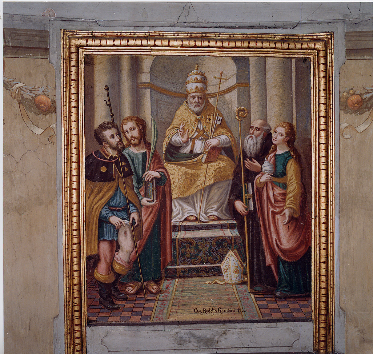 San Pietro in trono tra i Santi Rocco e Giovanni Evangelista; Antonio Abate ed Agese (dipinto, opera isolata) di Gambini Rodolfo (sec. XX)