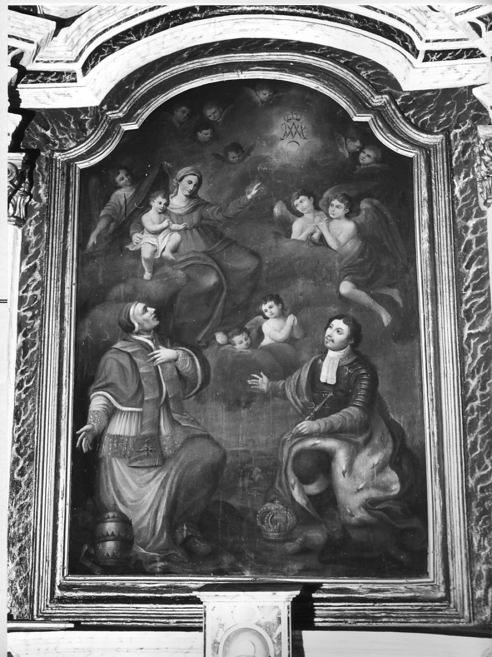 Madonna con Bambino tra papa Innocenzo XI e l'imperatore Leopoldo I (dipinto, elemento d'insieme) - ambito italiano (sec. XVIII)
