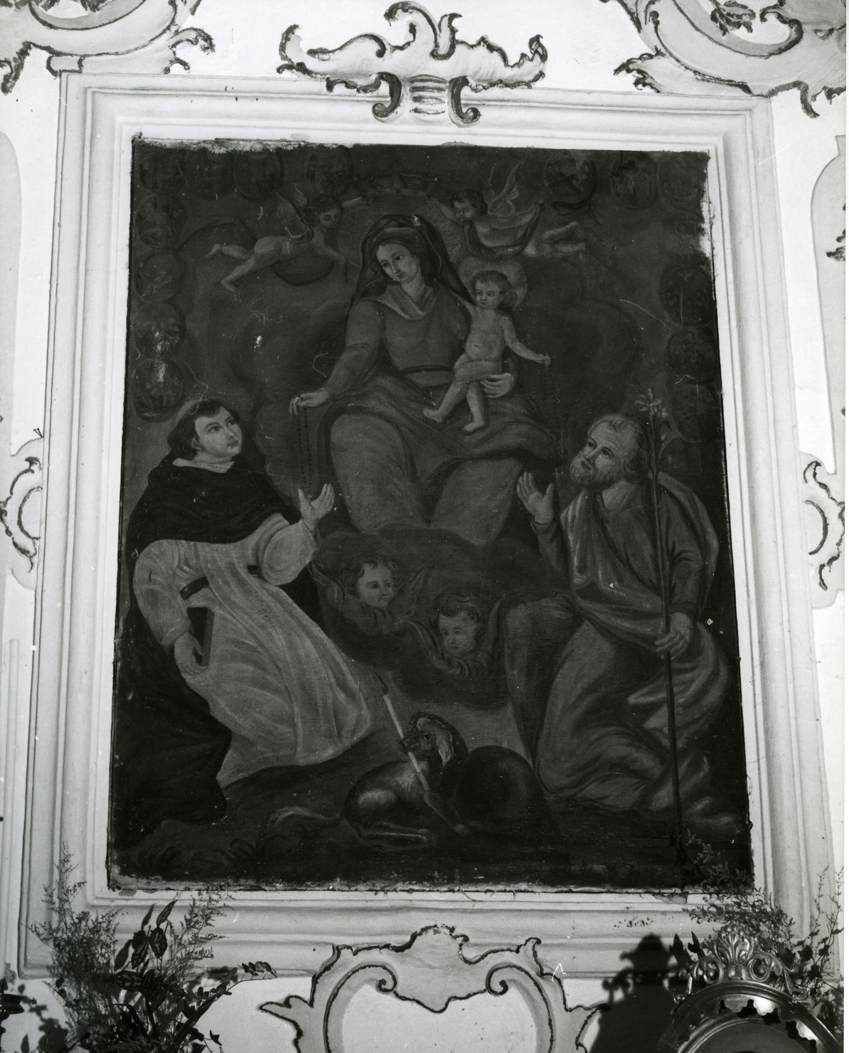 MADONNA DEL ROSARIO, Madonna del Rosario con San Domenico e San Giuseppe (dipinto, opera isolata) - ambito ligure (sec. XIX)
