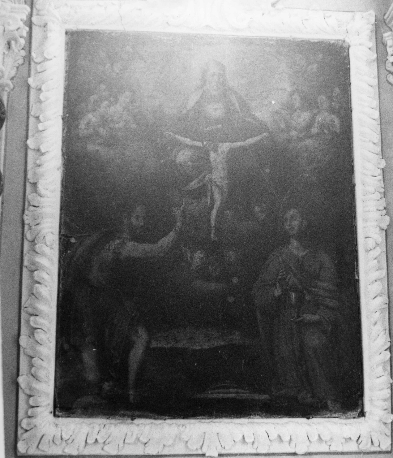 UNITAS IN TRINITATE, Trinità tra San Giovanni Battista e San Giovanni Evangelista (dipinto, opera isolata) - ambito ligure (metà sec. XVII)