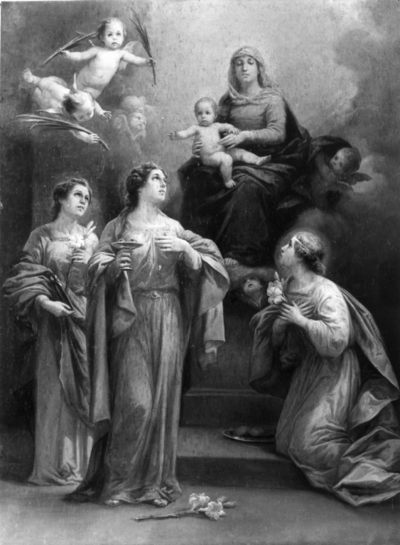 Madonna con Bambino in trono, Santa Lucia, Sant'Agata e Sant'Apollonia (dipinto) di Ballerini Ettore (sec. XX)