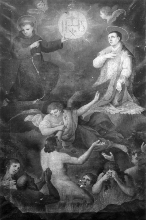 San Bernardino e Sant'Antonio, angeli e anime purganti (dipinto) - ambito laziale (sec. XVIII)