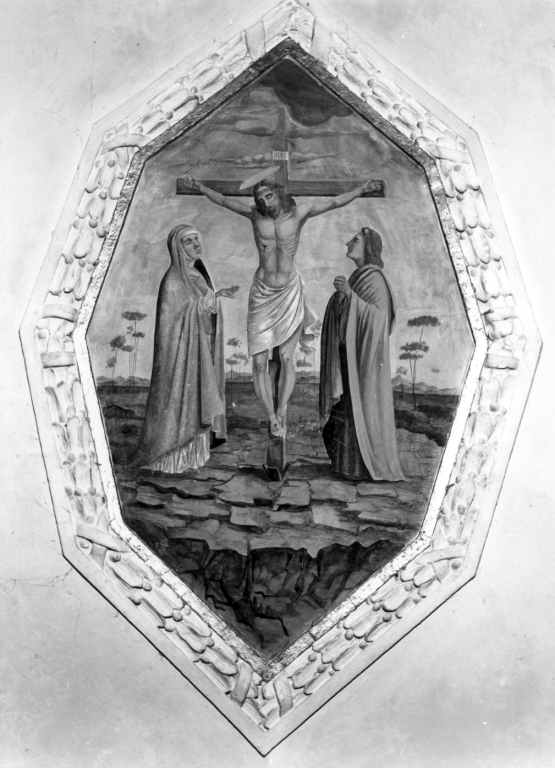 Cristo crocifisso con la Madonna, Santa Maria Maddalena e San Giovanni Evangelista (dipinto) - ambito laziale (sec. XIX)