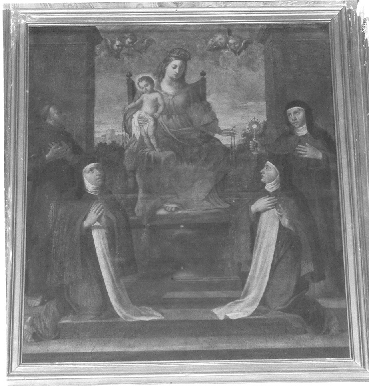 Madonna con Bambino, San Francesco, Santa Chiara e le due fondatrici del convento (dipinto) - ambito laziale (sec. XVII)