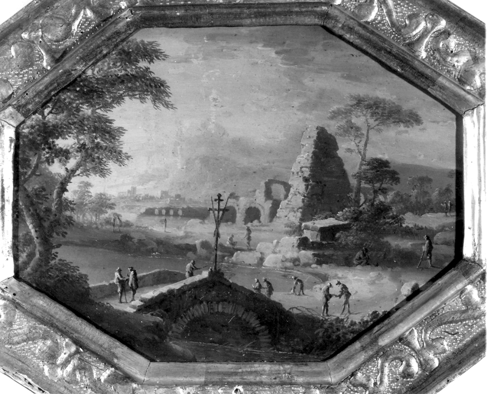 paesaggio con ponte e rovine (dipinto) - ambito napoletano (metà sec. XVIII)