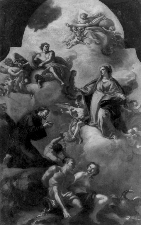 Cristo in gloria con la Madonna e San Francesco che intercedono per le anime del purgatorio (dipinto) - ambito napoletano (sec. XVIII)