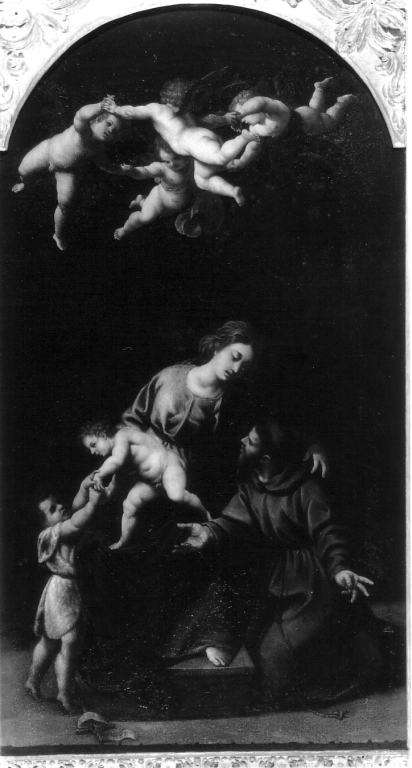 Madonna con bambino, San Francesco d'Assisi e San Giovannino (dipinto) di Turchi Alessandro detto Orbetto (prima metà sec. XVII)