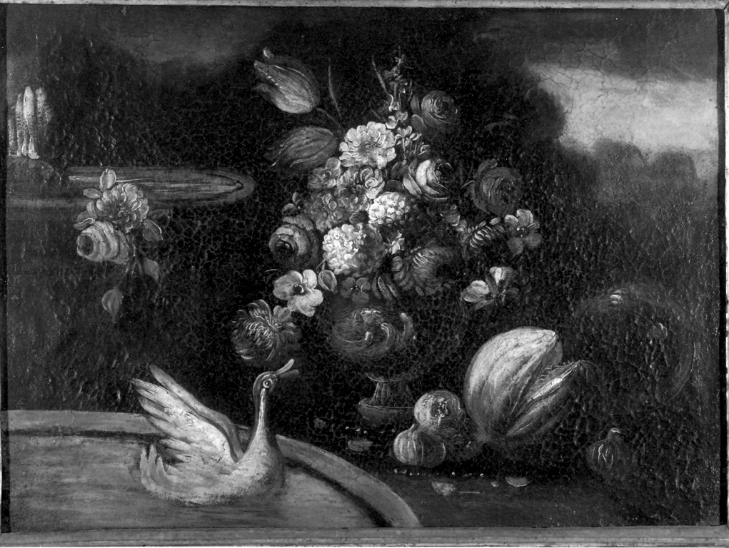 natura morta con frutta e anatra in fontana (dipinto) - ambito Italia meridionale (fine/inizio secc. XVII/ XVIII)