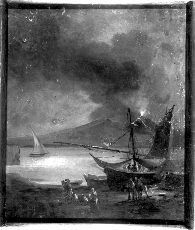 marina con pescatori e barche e vulcano in eruzione (dipinto) - ambito napoletano (metà sec. XIX)