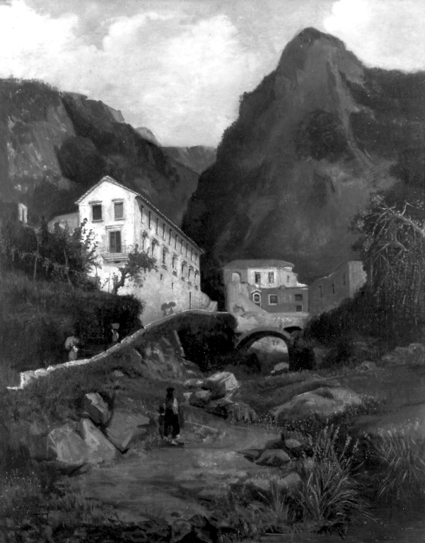 paesaggio montano con ponte e ruscello (dipinto) - ambito napoletano (metà sec. XIX)