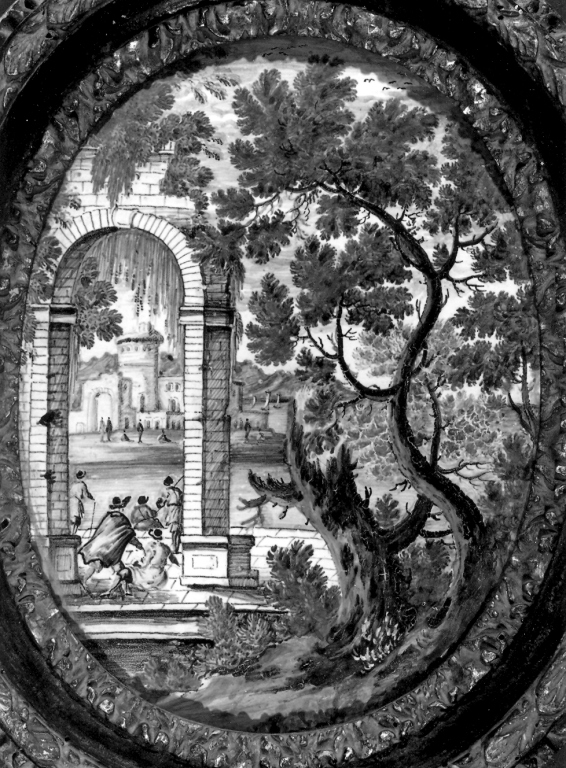 Paesaggio con figure e rovine di un arco (formella) - manifattura abruzzese (Castelli) (prima metà sec. XVIII)
