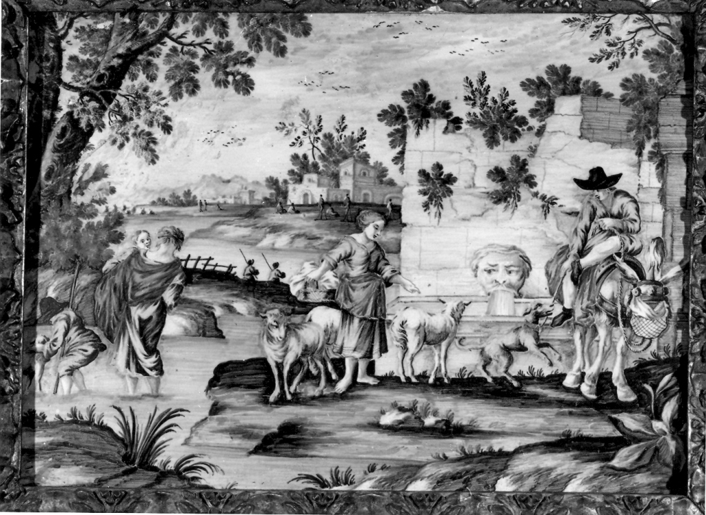 Paesaggio con figure di pastori e fontana con mascherone (formella) - manifattura abruzzese (Castelli) (prima metà sec. XVIII)