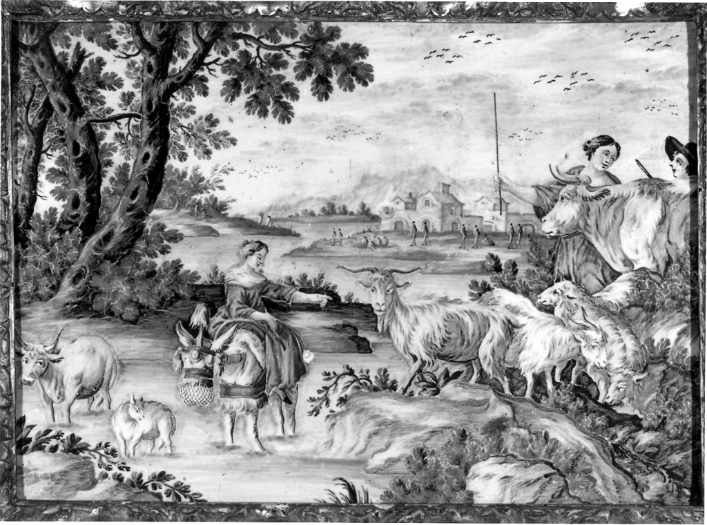 Paesaggio con figure e animali all'abbeverata (formella) - manifattura abruzzese (Castelli) (prima metà sec. XVIII)