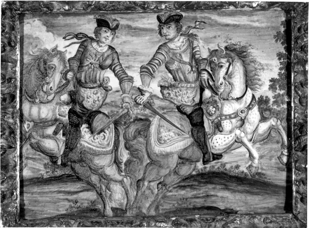 scena di duello tra cavalieri (formella) - manifattura abruzzese (Castelli) (metà sec. XVIII)