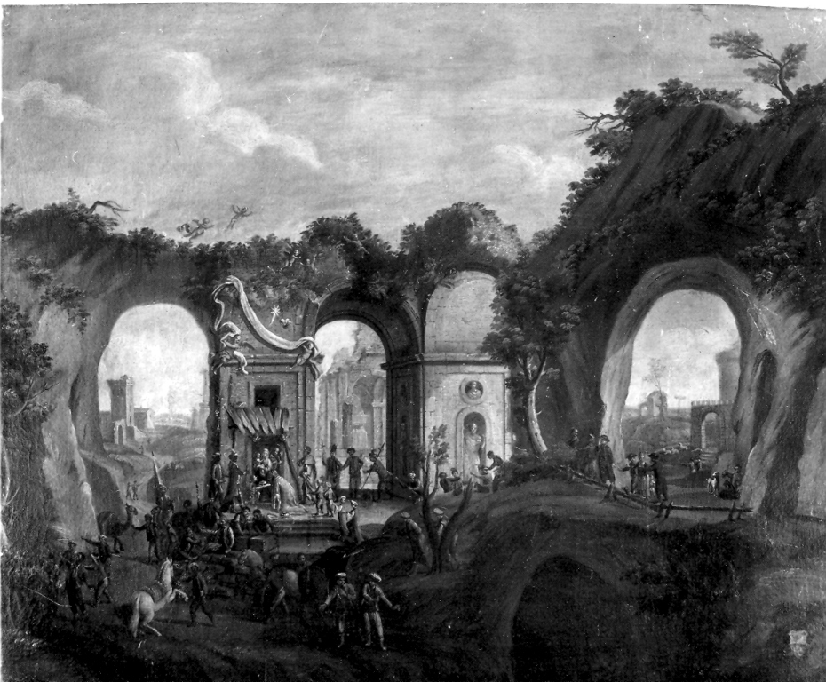 Veduta di rovine con natività (dipinto) - ambito napoletano (primo quarto sec. XVIII)