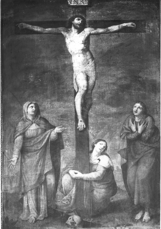 Cristo crocifisso con la Madonna, San Giovanni Evangelista, Santa Maria Maddalena (dipinto) - ambito romano (sec. XVI)