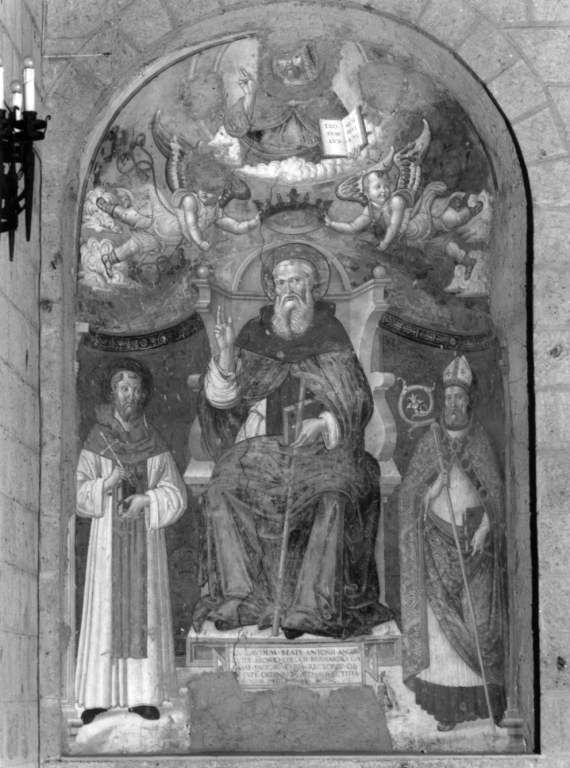 Sant'Antonio abate benedicente in trono tra san Famiano e un santo vescovo (dipinto) - ambito viterbese (sec. XVI)