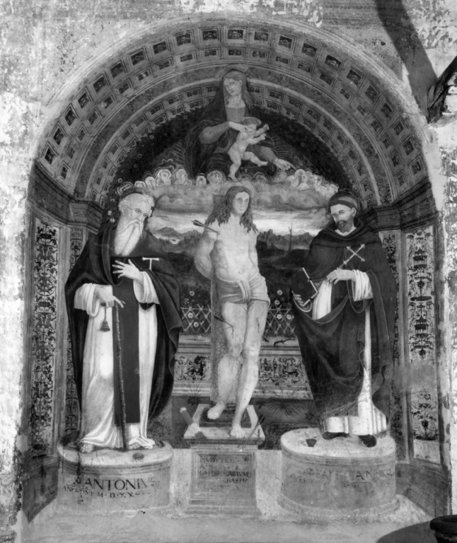 San Sebastiano tra sant'Antonio abate e san Famiano (dipinto) - ambito viterbese (sec. XVI)
