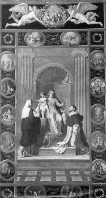 Madonna del Rosario con San Domenico e Santa Caterina da Siena (dipinto) di Berrettini Vincenzo (sec. XIX)