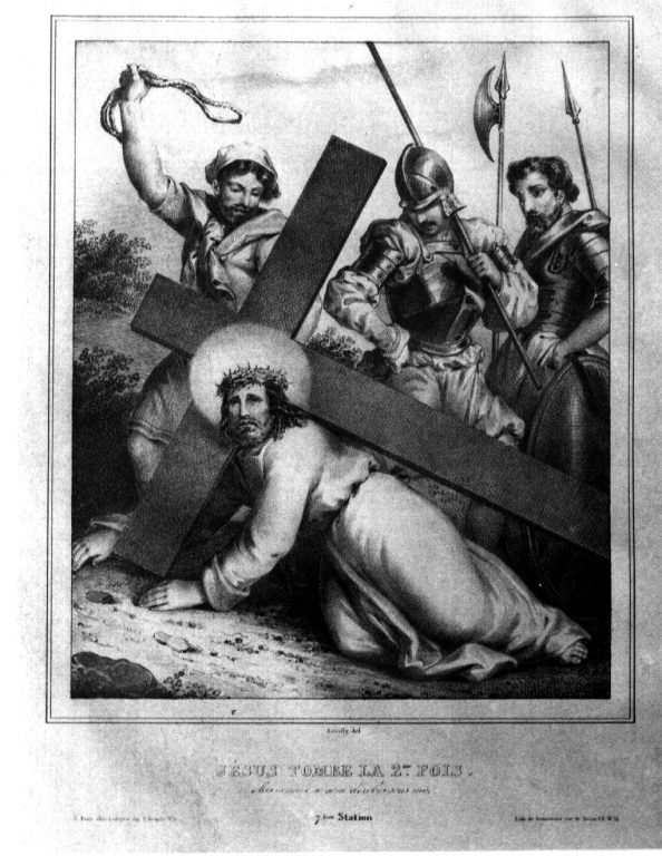 stazione VII: Gesù cade sotto la croce la seconda volta (litografia, ciclo) - ambito parigino (sec. XVII)