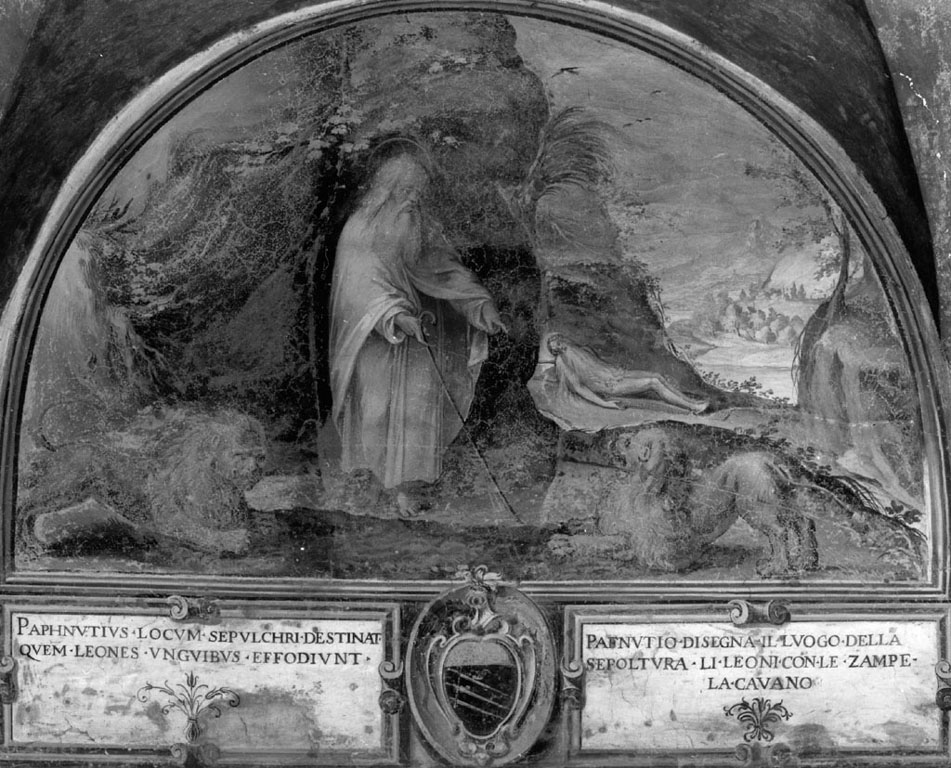 due leoni aiutano Pafnuzio a seppellire il corpo di sant'Onofrio (dipinto) di Strada Vespasiano (e aiuti) (secc. XVI/ XVII)