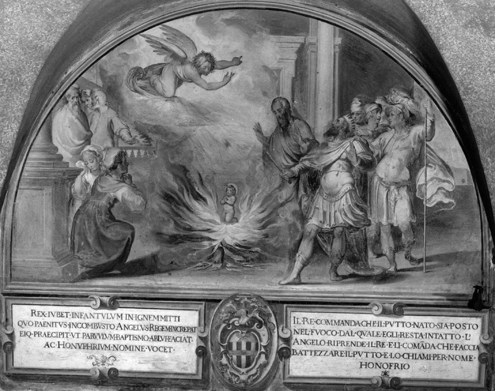 prova del fuoco di Sant'Onofrio neonato (dipinto) di Strada Vespasiano (e aiuti) (secc. XVI/ XVII)