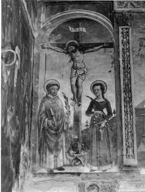 Cristo crocifisso tra santi (dipinto, complesso decorativo) di Cappelli Dionisio (cerchia) (fine sec. XV)