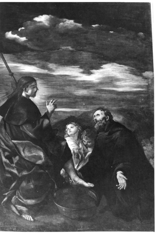 Sant'Agostino lava i piedi di Cristo nelle vesti di pellegrino (dipinto) di Barbieri Giovan Francesco detto Guercino (scuola) (sec. XVII)