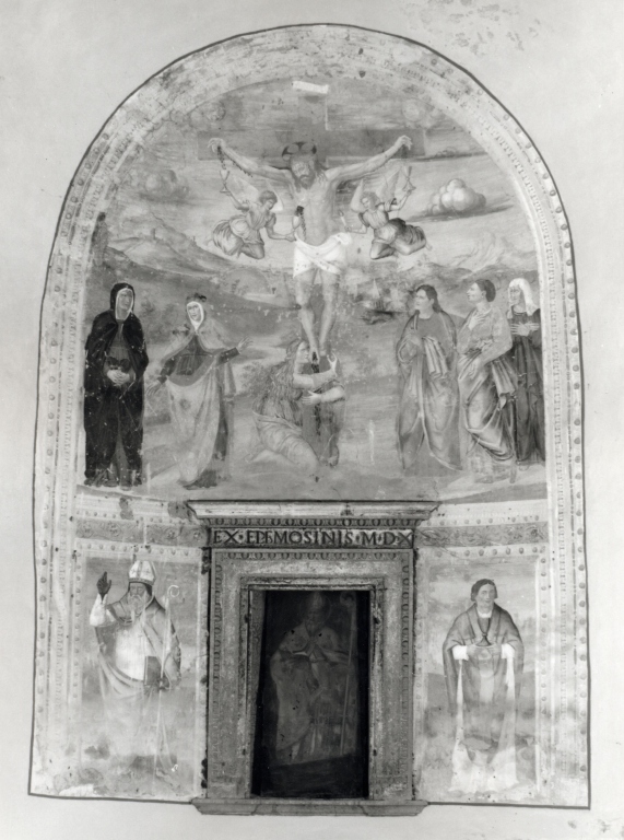 crocifissione di Cristo con la Madonna e santi; Sant'Egidio; San Valentino (dipinto) di Torresani Bartolomeo (bottega) (metà sec. XVI)