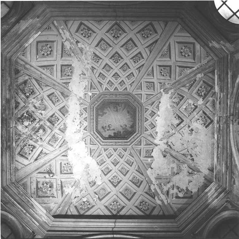 motivi decorativi geometrici e putti con monogramma mariano (decorazione pittorica) - ambito romano (sec. XIX)