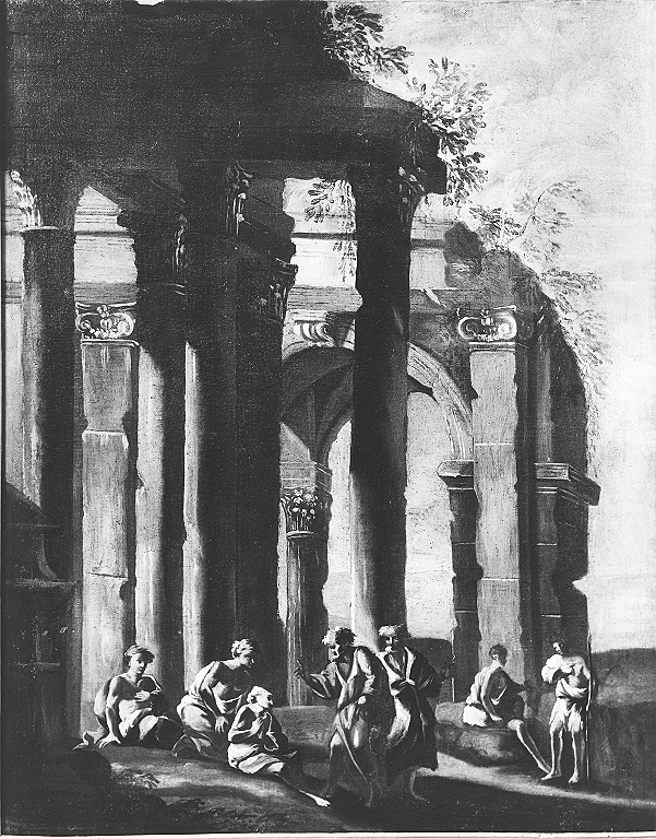 predica di un eremita presso edifici classici diruiti (dipinto) - ambito Italia centrale (sec. XVIII)