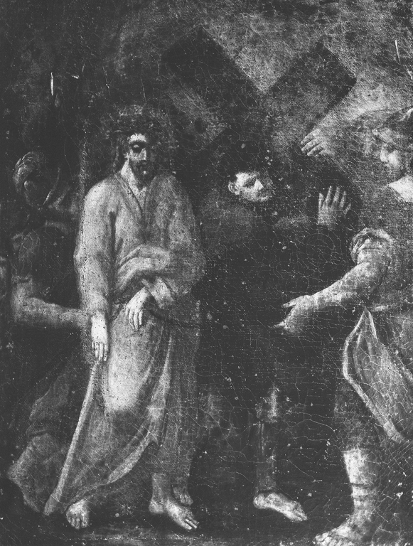V stazione, Cristo aiutato da Simone il Cireneo nel trasportare la croce, stazioni della via crucis (dipinto) - ambito laziale (sec. XVIII)
