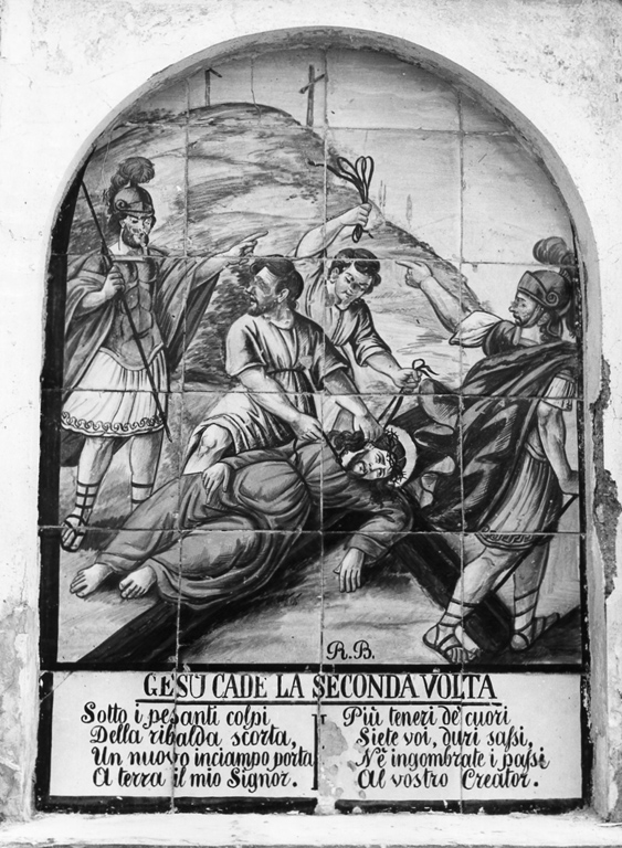 stazione VII: Gesù cade sotto la croce la seconda volta (dipinto) di Bruno Raimondo (sec. XX)