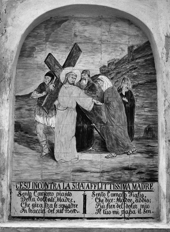 stazione IV: Gesù incontra la Madonna (dipinto) di Bruno Raimondo (sec. XX)