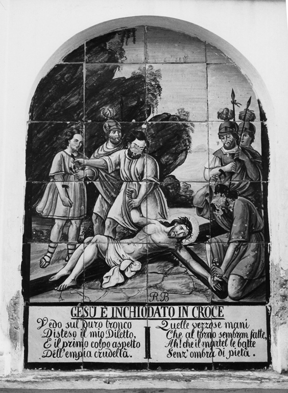 stazione XI: Gesù inchiodato alla croce (dipinto) di Bruno Raimondo (sec. XX)