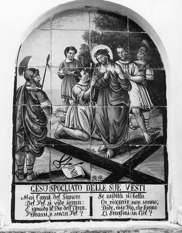 stazione X: Gesù spogliato e abbeverato di fiele (dipinto) di Bruno Raimondo (sec. XX)