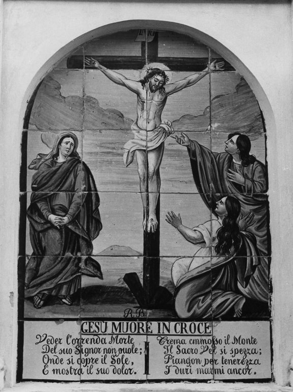 stazione XII: Gesù innalzato e morto in croce (dipinto) di Bruno Raimondo (sec. XX)