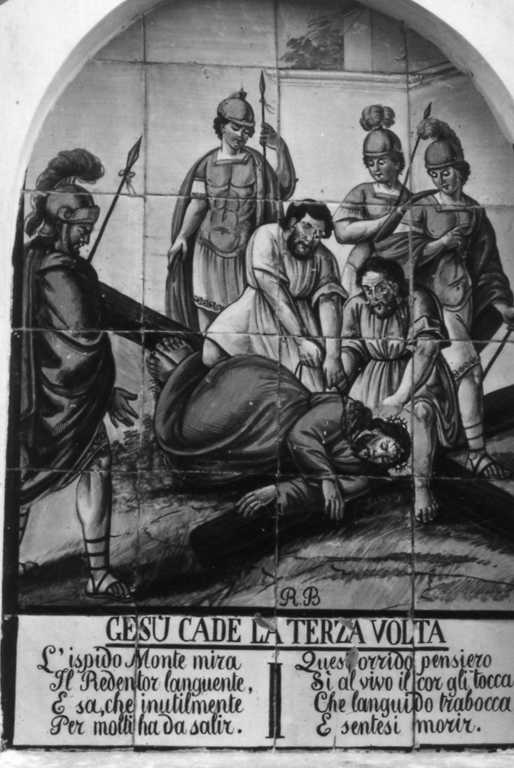 stazione IX: Gesù cade sotto la croce la terza volta (dipinto) di Bruno Raimondo (sec. XX)