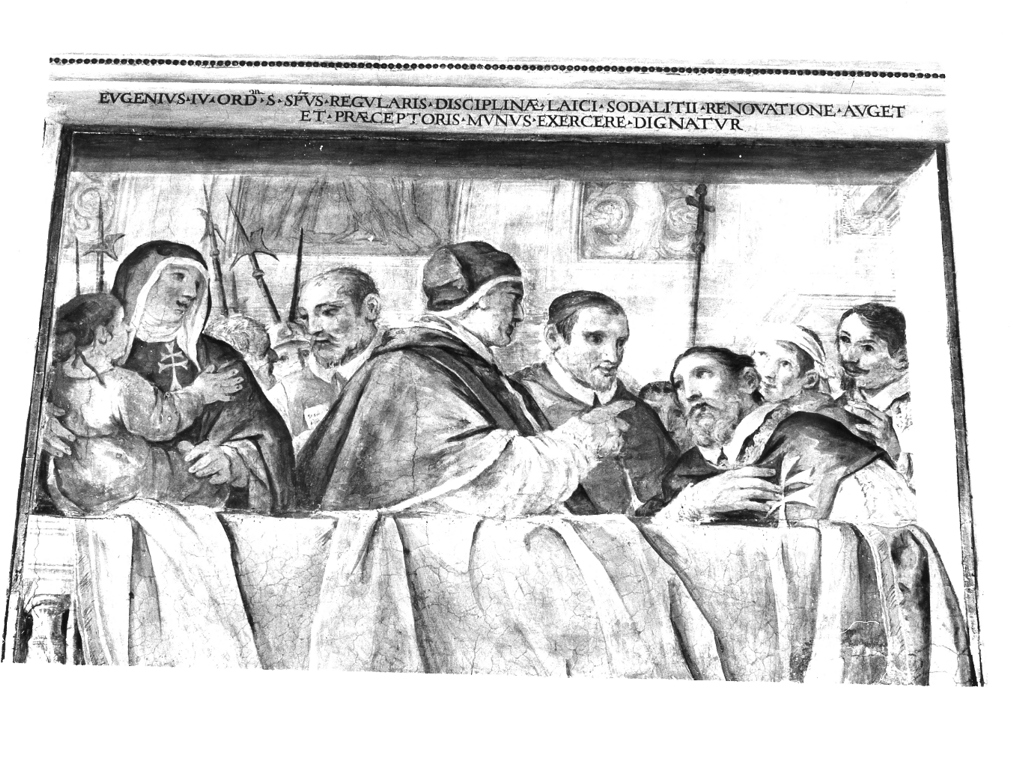 Eugenio IV riordina la Confraternita di S. Spirito e ne accetta la carica di Commendatore (dipinto, elemento d'insieme) di Abbatini Guidobaldo (attribuito) (sec. XVII)