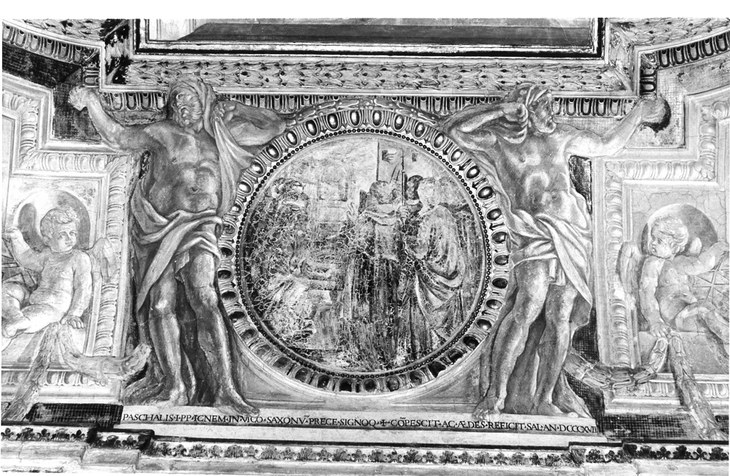 papa Pasquale I ordina la ricostruzione della chiesa (dipinto, elemento d'insieme) di Abbatini Guidobaldo (attribuito) (sec. XVII)