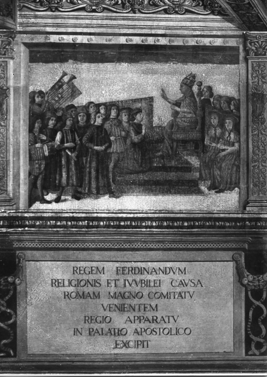 papa Sisto IV riceve Ferdinando re di Napoli (dipinto, complesso decorativo) - ambito romano (seconda metà sec. XV)