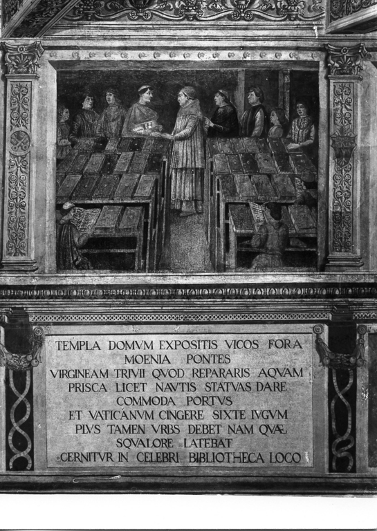 papa Sisto IV affida al Platina la Biblioteca Vaticana (dipinto, complesso decorativo) - ambito romano (seconda metà sec. XV)
