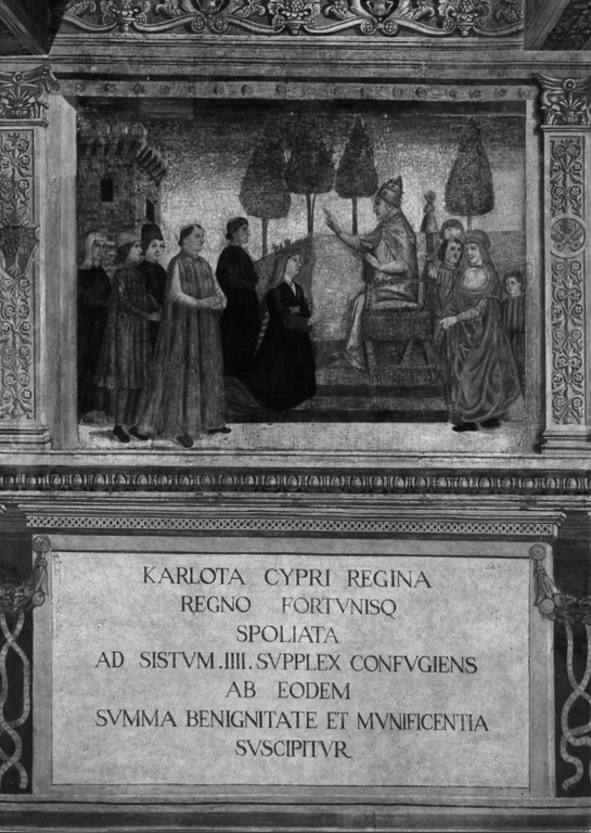papa Sisto IV riceve Carlotta regina di Cipro (dipinto, complesso decorativo) - ambito romano (seconda metà sec. XV)