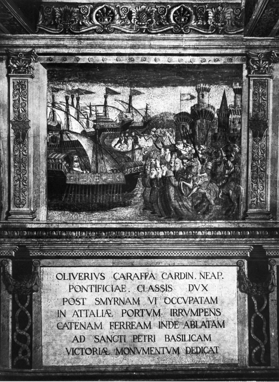 vittoria della flotta pontificia comandata dal Cardinal Caraffa (dipinto, complesso decorativo) - ambito romano (seconda metà sec. XV)
