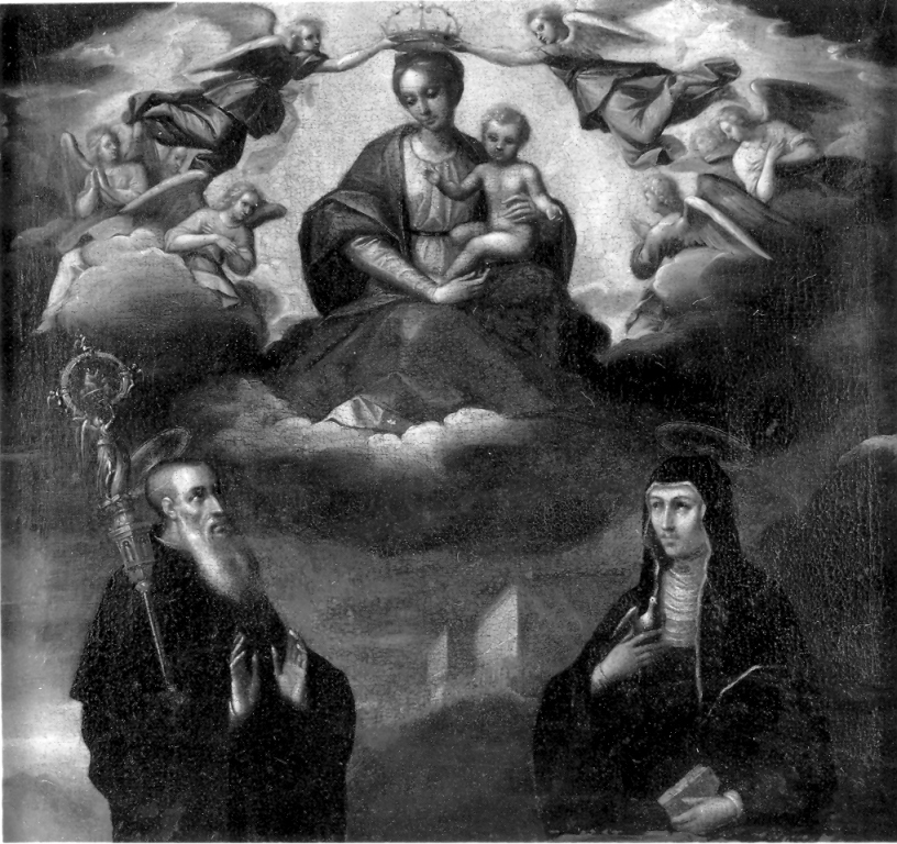apparizione della Madonna col Bambino a San Benedetto e a Santa Scolastica (dipinto) di Mazzaroppi Marco (attribuito) (primo quarto sec. XVII)