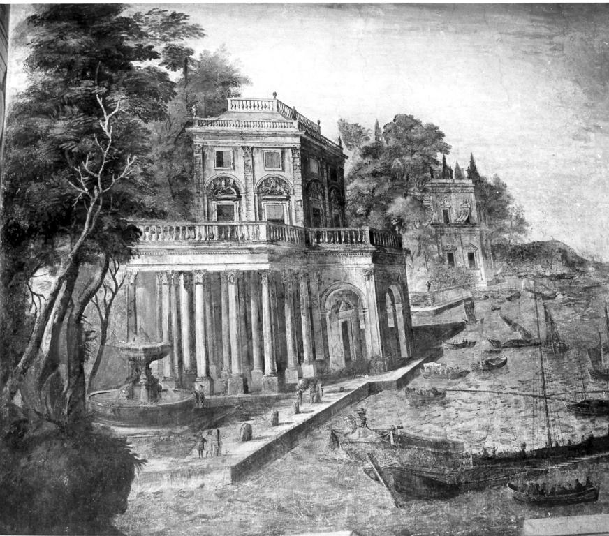 paesaggio marino con architettura e navi allo scalo (dipinto) di Tassi Agostino (cerchia) (prima metà sec. XVII)