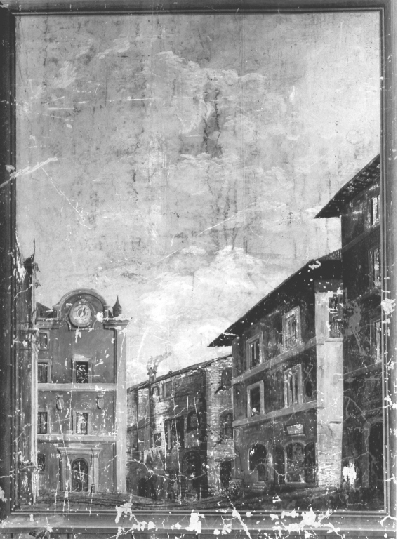 veduta di una piazza con la chiesa di S. Stefano a Cave (dipinto, ciclo) - ambito laziale (sec. XIX)