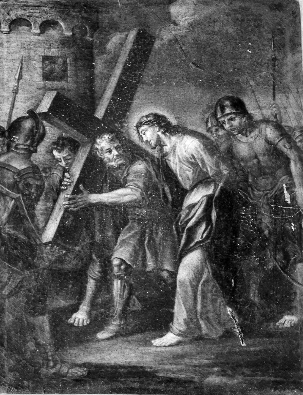 stazione V: Gesù aiutato da Simone il Cireneo a portare la croce (dipinto) - ambito romano (prima metà sec. XVIII)